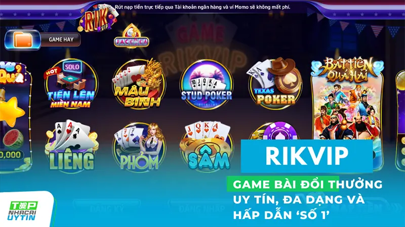 RikVip tự hào với sự đa dạng về thể loại game bài. Từ Xì Dách, Baccarat Lucky88, Tiến Lên Miền Nam, Liêng, Phỏm, Mậu Binh đến các phiên bản poker như Stud Poker, Texas Poker, và Omaha Poker